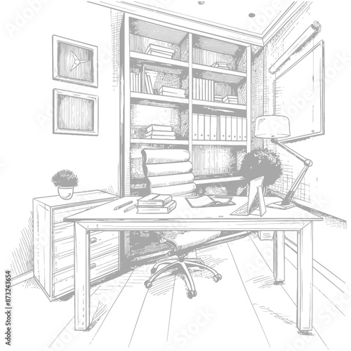 Modern home office interior with large desk, comfortable chair, computer, lamp, and bookshelf.