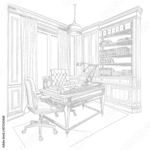 Detailed sketch of a classic home office interior with a large wooden desk, comfortable leather chair, and elegant bookcase.