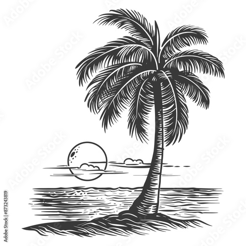 Tropical Island Paradise with Coconut Palm Tree at Sunset