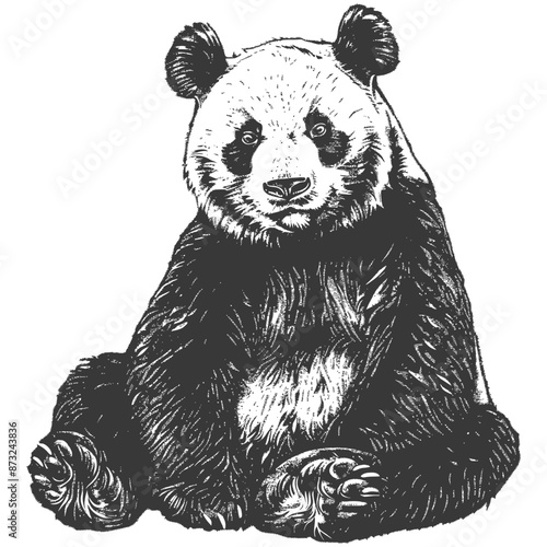 Adorable and endangered giant panda bear sketch in black and white
