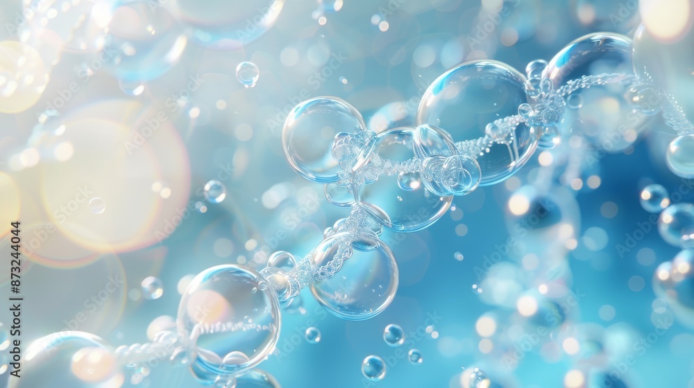 Liquid bubble with DNA molecule inside on a water splash background, 3D rendering of a cosmetic essence. Liquid bubble with DNA molecule inside on a water splash background, 3D rendering of a cosmetic essence.