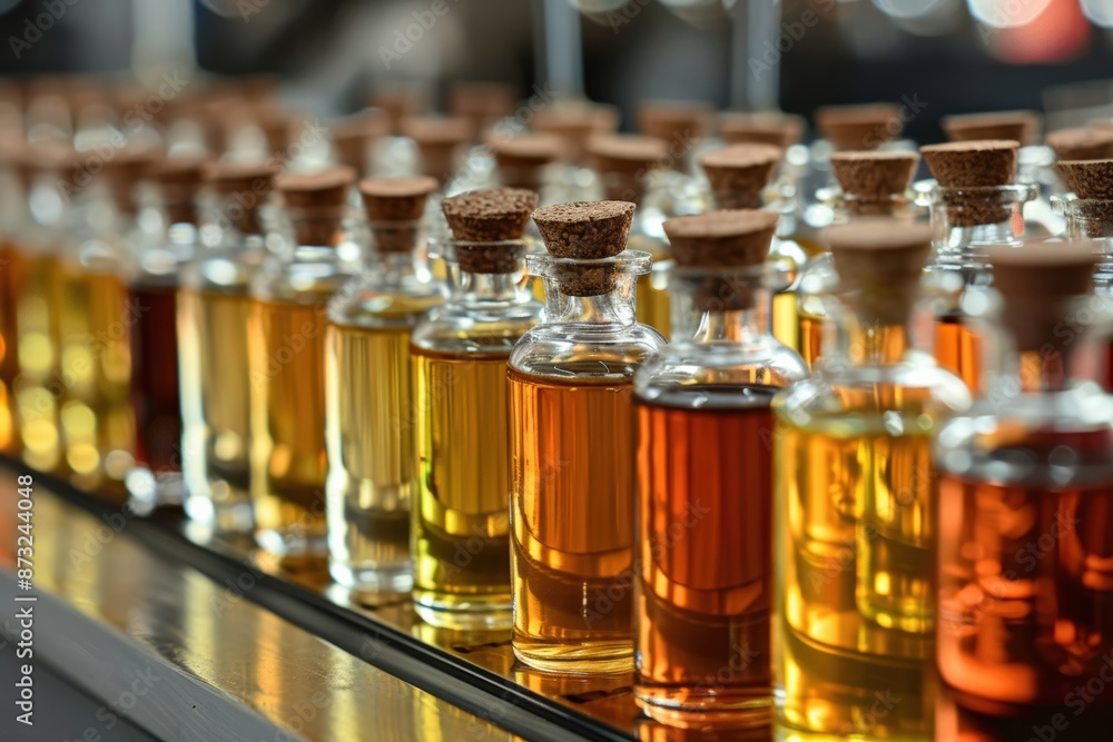 Rows of Glass Bottles Filled with Amber Liquid and Topped with Cork Stoppers. Rows of Glass Bottles Filled with Amber Liquid and Topped with Cork Stoppers.