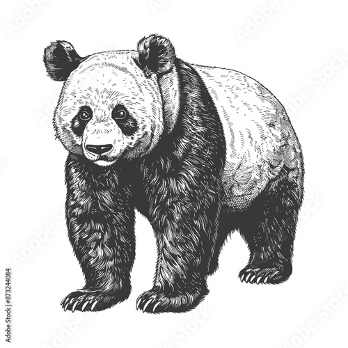 Detailed sketch of a giant panda bear with black and white fur standing on all fours looking at the viewer