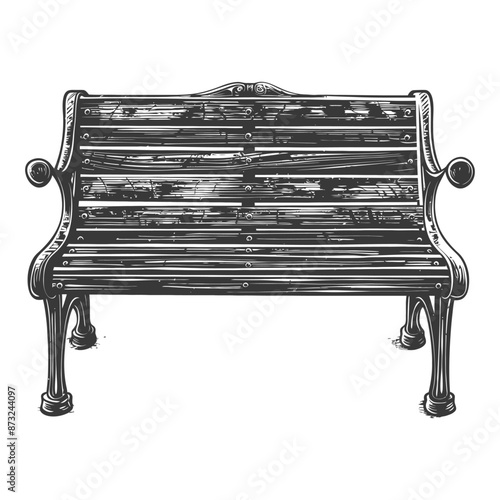 Vintage Engraved Wooden Park Bench With Backrest And Armrests