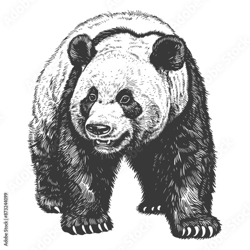 Majestic Hand-Drawn Giant Panda Illustration in Detailed Black and White