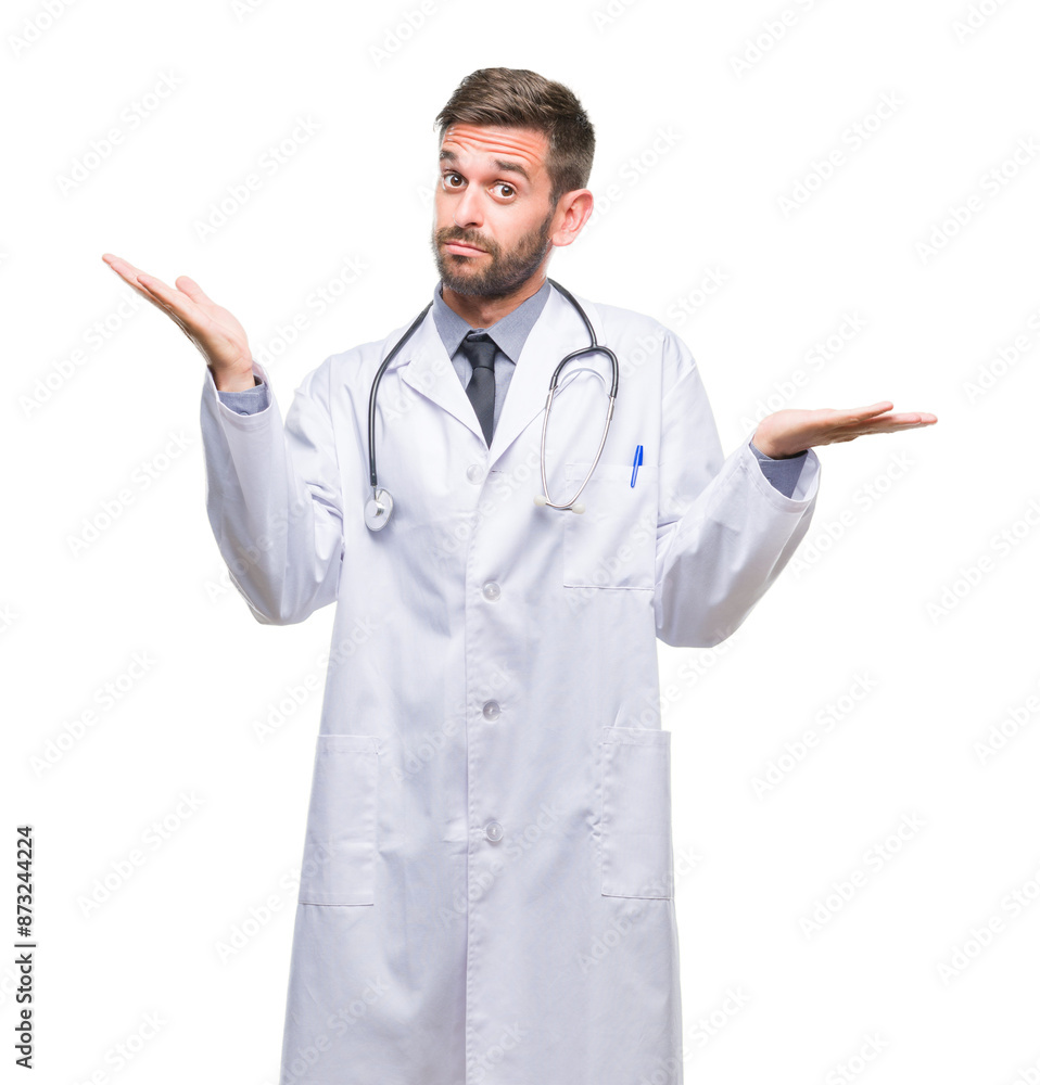 Young handsome doctor man over isolated background clueless and confused expression with arms and hands raised. Doubt concept. Young handsome doctor man over isolated background clueless and confused expression with arms and hands raised. Doubt concept.