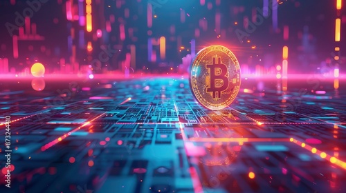 A futuristic low-poly 3D scene featuring a golden bitcoin symbol floating above a digital grid with neon lights and abstract shapes, highlighting the innovative nature of cryptocurrency