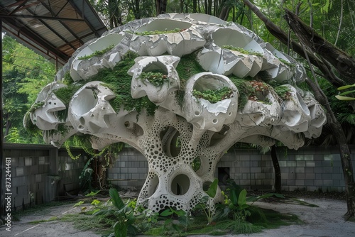 ecoapocalypse rebirth lush green life emerging from cracks in a giant mushroom cloud sculpture photo