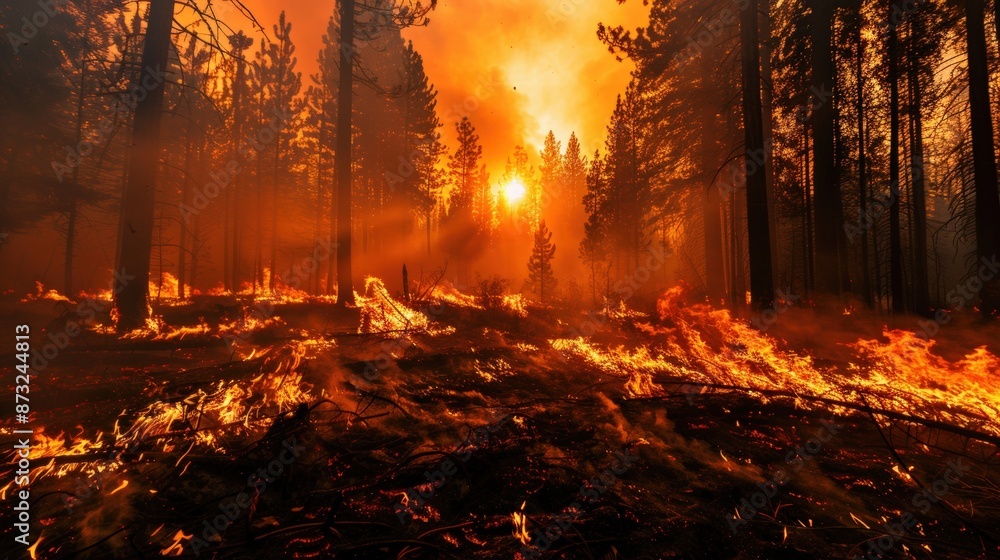 Silhouetted Trees in a Forest Fire with Sun Shining Through Smoke Silhouetted Trees in a Forest Fire with Sun Shining Through Smoke