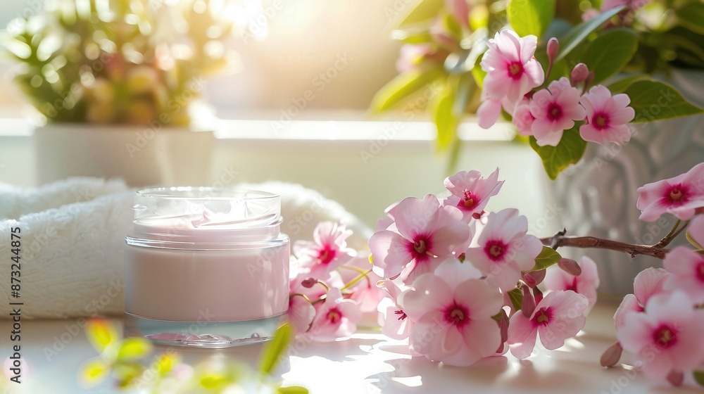 A serene setting with pink flowers, a jar of cream, and a white towel in soft sunlight, perfect for spa and wellness themes. A serene setting with pink flowers, a jar of cream, and a white towel in soft sunlight, perfect for spa and wellness themes.