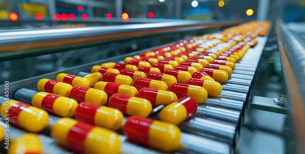 3D rendering of pills on a moving conveyor belt with a red and yellow pill in focus 3D rendering of pills on a moving conveyor belt with a red and yellow pill in focus