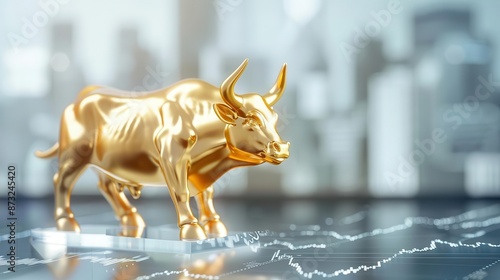 Golden bull statue symbolizing a bull market, selective focus, wealth and prosperity, ethereal, blend mode, futuristic city backdrop