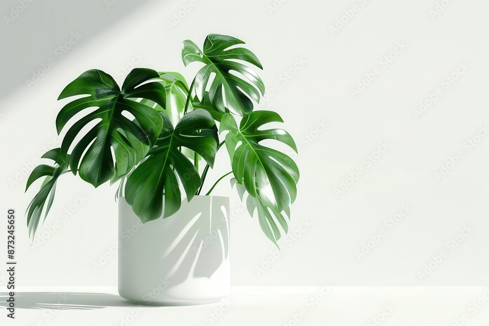 elegant tropical monstera plant with large glossy leaves in sleek minimalist ceramic pot soft shadows on pure white background elegant tropical monstera plant with large glossy leaves in sleek minimalist ceramic pot soft shadows on pure white background