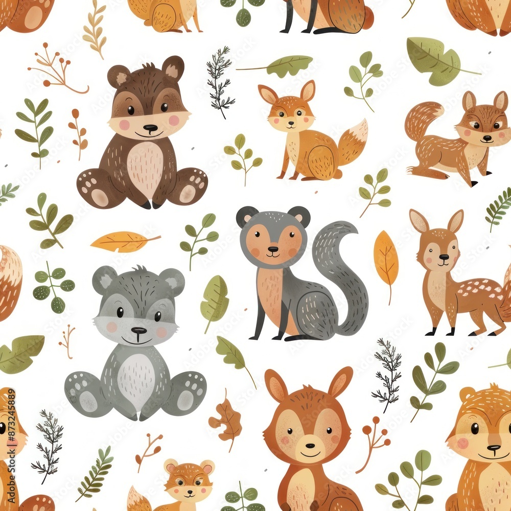 Delightful seamless pattern of forest animals such as bears, deer, and squirrels in a cartoon style. The 2D illustration is designed with a soft color palette, making it perfect for baby products, Delightful seamless pattern of forest animals such as bears, deer, and squirrels in a cartoon style. The 2D illustration is designed with a soft color palette, making it perfect for baby products,