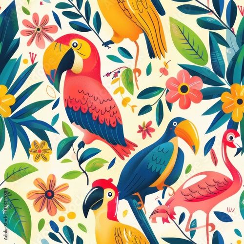 Seamless cartoon-style pattern featuring exotic birds such as parrots, toucans, and flamingos. The vibrant and playful 2D illustration is ideal for use in children's products, tropical-themed party