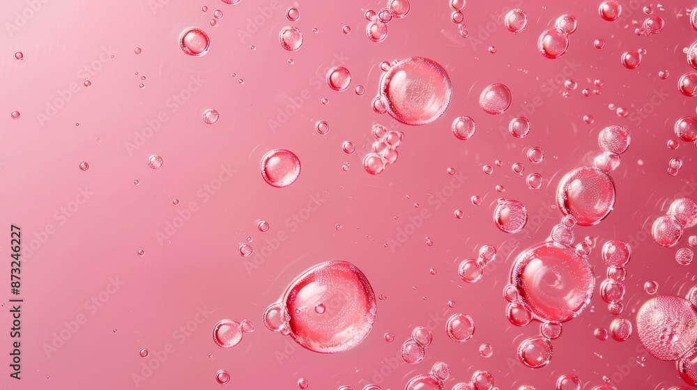 Transparent red gel drops with bubbles on pink background, displaying a cream cosmetic sample texture. Transparent red gel drops with bubbles on pink background, displaying a cream cosmetic sample texture.