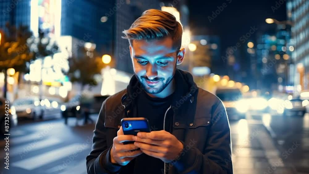 Young man using a phone smartphone at night on a street Young man using a phone smartphone at night on a street