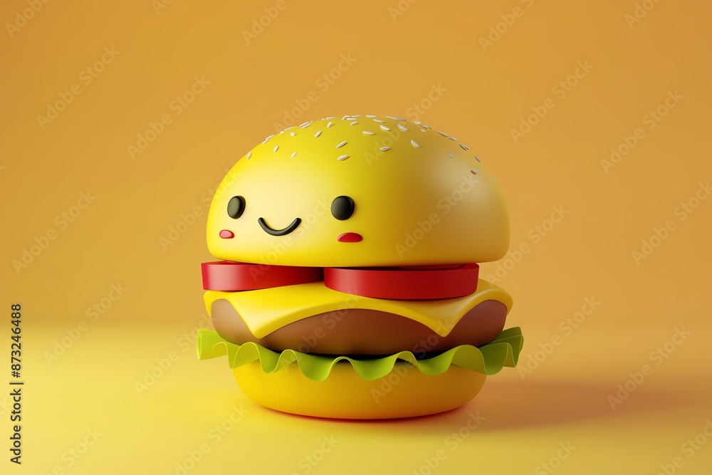 Adorable 3D illustration of a cute, smiling burger on a warm, yellow background, perfect for adding a touch of fun to any project. Adorable 3D illustration of a cute, smiling burger on a warm, yellow background, perfect for adding a touch of fun to any project.