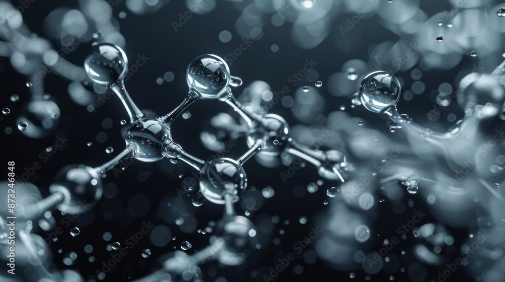 A close up of a water droplet with a molecule in the center A close up of a water droplet with a molecule in the center