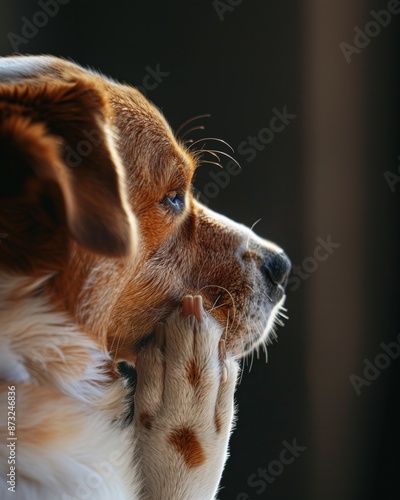 Dog on hind legs and begging on praying gesture in front paws. photo