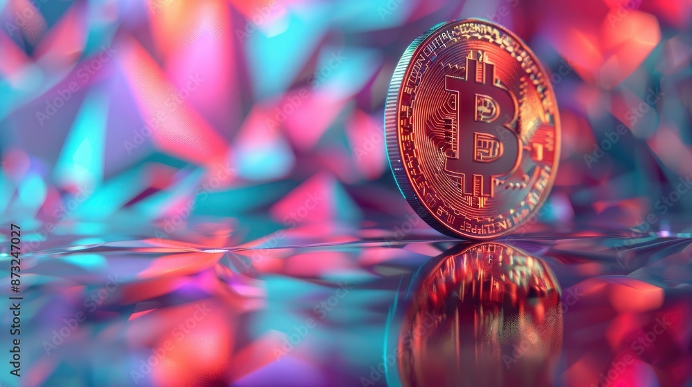 A low-polygon 3D rendering of a bitcoin coin standing upright on a reflective surface, with angular geometric shapes and vibrant colors in the background, representing the technological A low-polygon 3D rendering of a bitcoin coin standing upright on a reflective surface, with angular geometric shapes and vibrant colors in the background, representing the technological