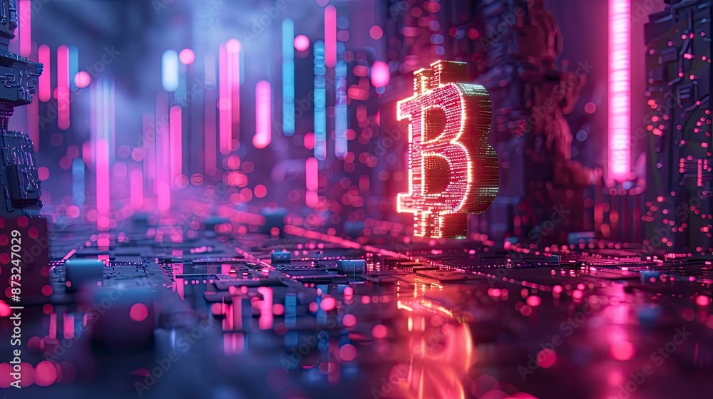 Fototapeta premium A futuristic low-poly 3D scene with a golden bitcoin symbol hovering over a digital grid, surrounded by abstract shapes and neon lights, highlighting the digital nature of cryptocurrency