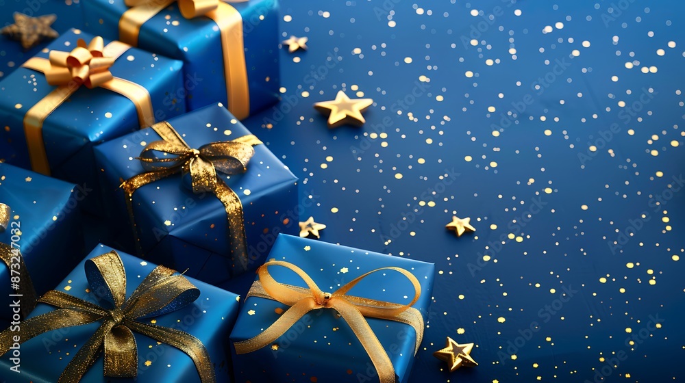High-resolution image of blue gifts with bold golden ribbons, against a cobalt blue background with small white stars, artistic style High-resolution image of blue gifts with bold golden ribbons, against a cobalt blue background with small white stars, artistic style