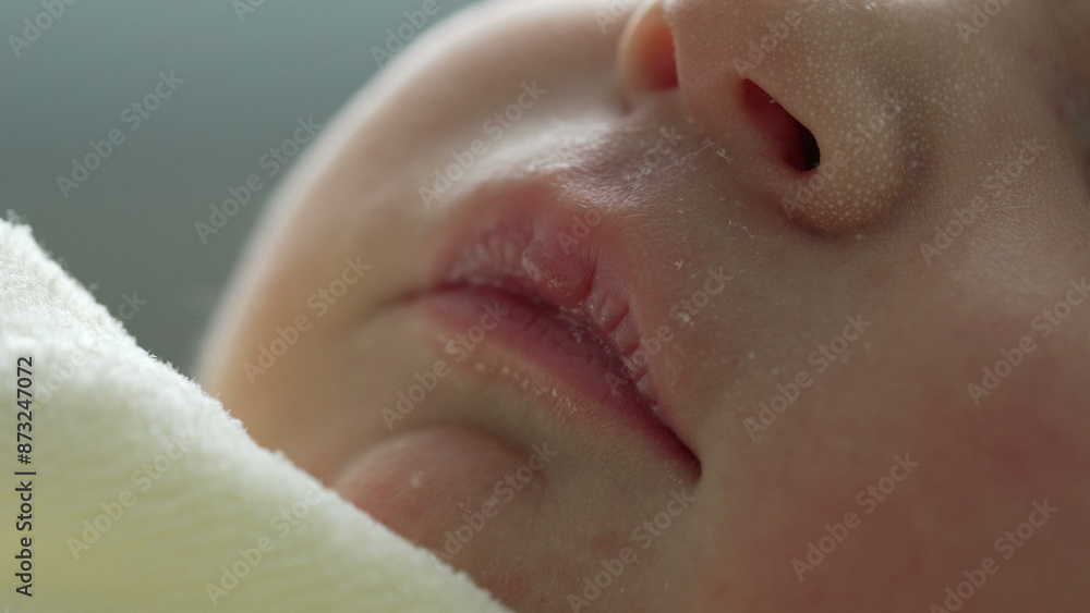Fototapeta premium Macro shot of a newborn's face, focusing on the delicate skin, closed eyes, and peaceful expression. pure innocence and tranquility of a newborn's peaceful sleep