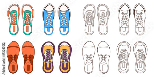 Male footwear sneakers set in cartoon. Line casual shoes for man. Design for coloring book. Vector illustration isolated on a white background.