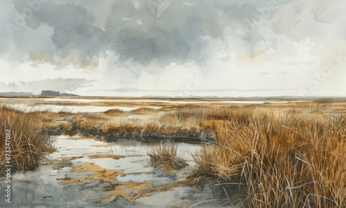 A painting of a field with a body of water in the foreground