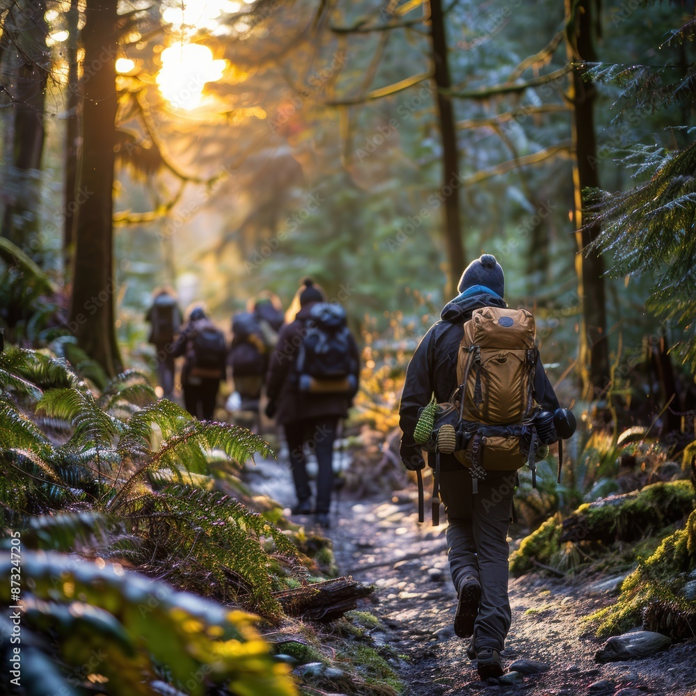 A group of people are hiking through a forest, with one person wearing a backpack. A group of people are hiking through a forest, with one person wearing a backpack.