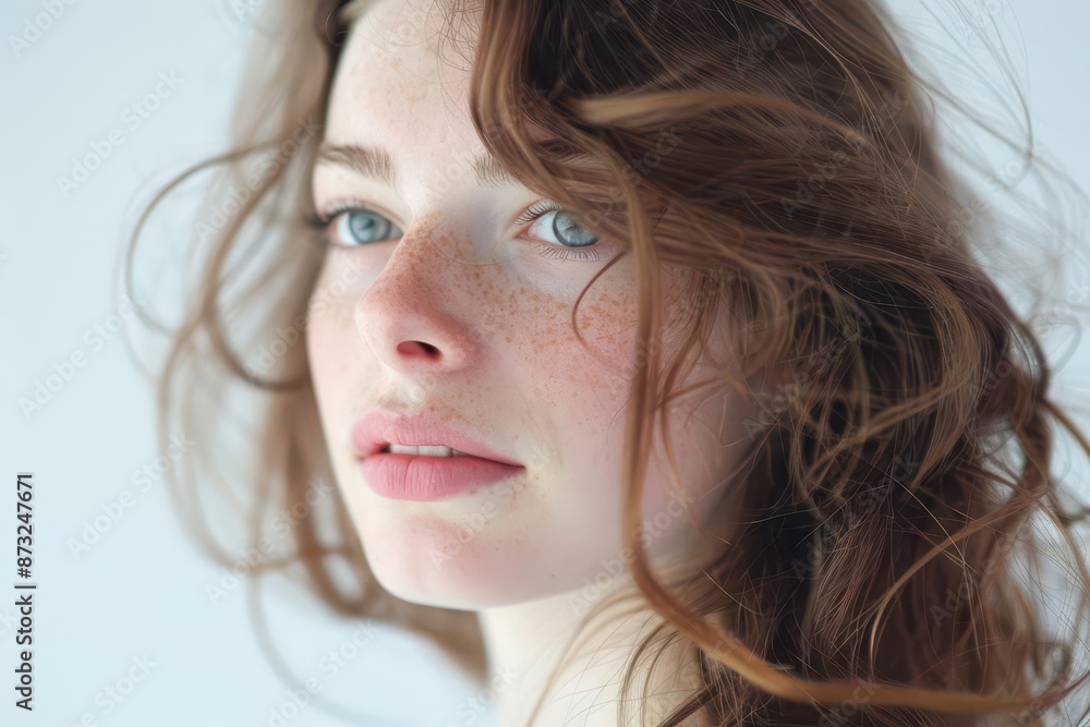ethereal portrait of a young woman with luminous skin and flowing hair captured against a pure white background emphasizing natural beauty and soft lighting ethereal portrait of a young woman with luminous skin and flowing hair captured against a pure white background emphasizing natural beauty and soft lighting
