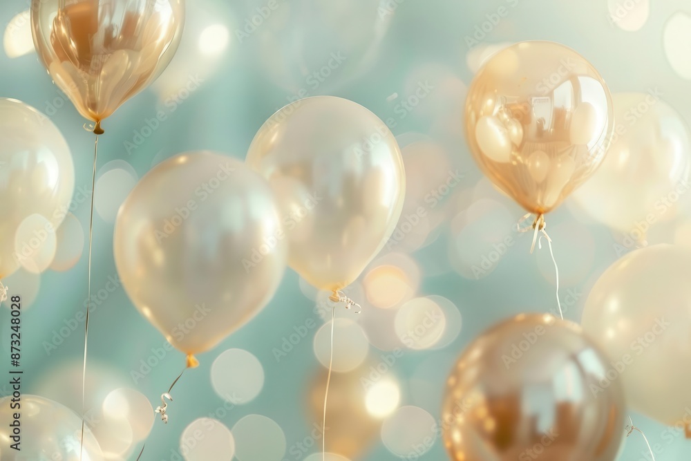 ethereal white and gold balloons floating in a dreamy pastelhued sky soft diffused light creates a magical atmosphere with delicate shadows and reflections ethereal white and gold balloons floating in a dreamy pastelhued sky soft diffused light creates a magical atmosphere with delicate shadows and reflections