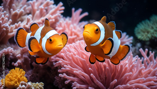 fish, sea, underwater, aquarium, coral, water, tropical, reef, ocean, marine, nature, clownfish, blue, nemo, animal, clown, anemone, red, diving, orange, saltwater, corals, aquatic, exotic, yellow © Adobe Stock