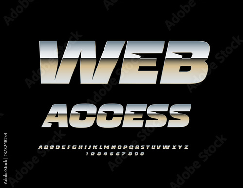 Vector silver icon Web Access. Exclusive Metallic Font. Trendy Alphabet Letters and Numbers set.