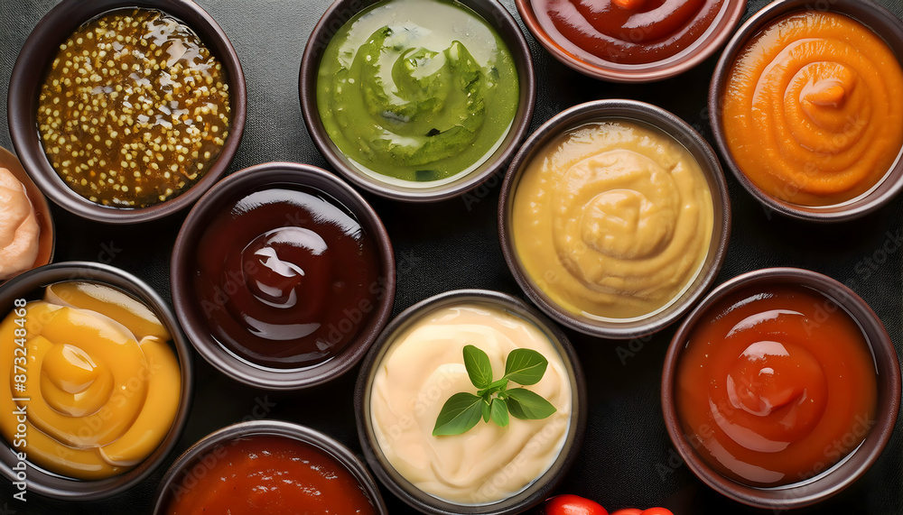 Closeup, top view, Collection Including various sauces and spices with copy space on Generative AI. Closeup, top view, Collection Including various sauces and spices with copy space on Generative AI.