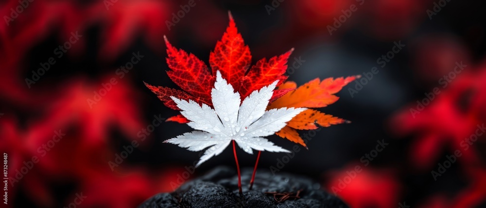 Red maple leaf atop black rocks against a red-black background Red maple leaf atop black rocks against a red-black background