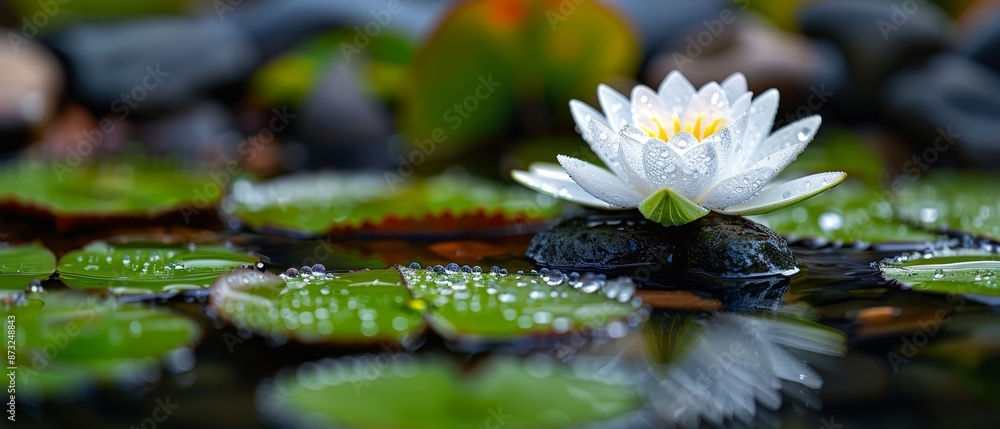 A white water lily floats atop a green pond, its petals unfurled above a sea of lily pads and shimmering water droplets A white water lily floats atop a green pond, its petals unfurled above a sea of lily pads and shimmering water droplets