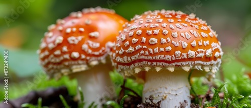  A few mushrooms atop a lush green forest, speckled with countless tiny white dots