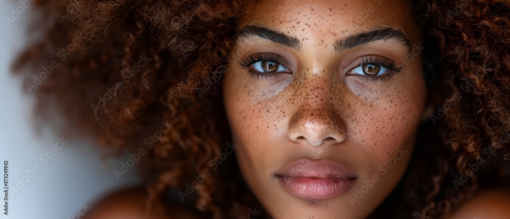 A close-up of a woman's face adorned with freckles A close-up of a woman's face adorned with freckles