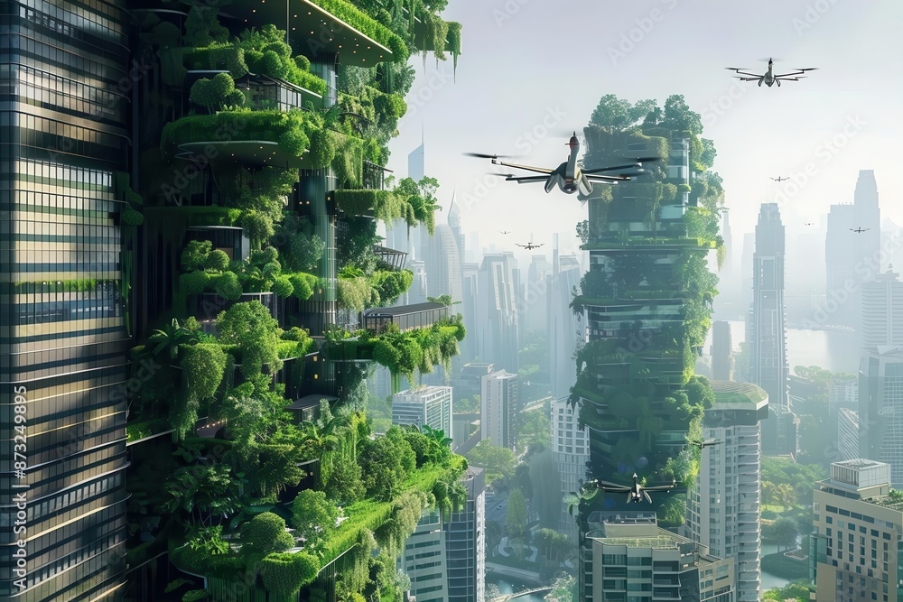 Obraz premium futuristic ecocity with towering skyscrapers covered in lush vertical gardens flying vehicles weaving between buildings crystalclear waterways below