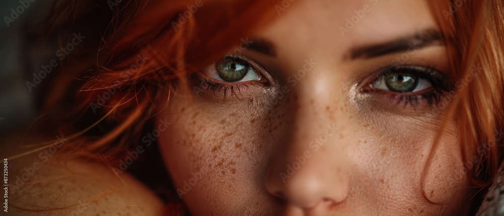 A tight shot of a woman's face adorned with freckles, some on her cheeks and others around her eyes A tight shot of a woman's face adorned with freckles, some on her cheeks and others around her eyes