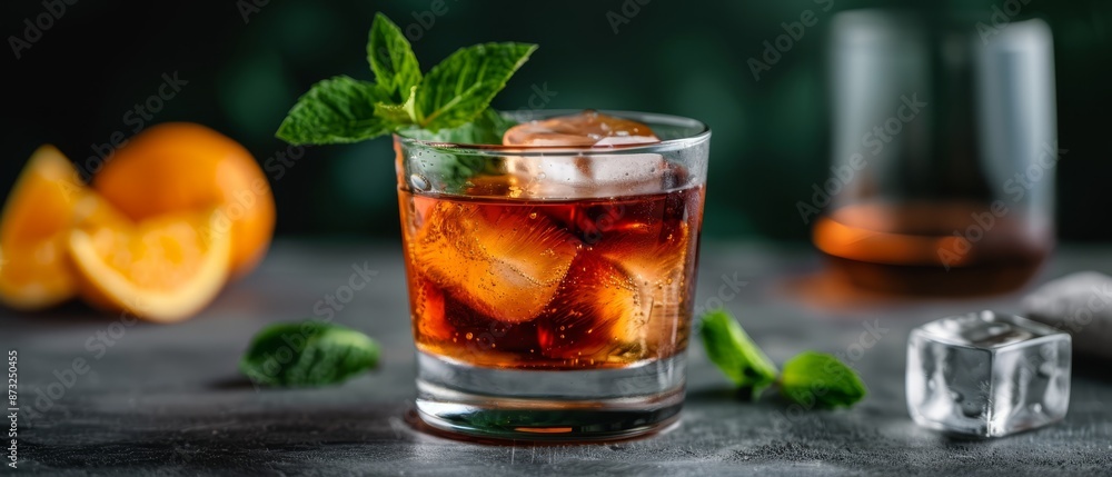 A glass, filled with ice, features a mint garnish atop it Nearby rests an orange slice on the table A glass, filled with ice, features a mint garnish atop it Nearby rests an orange slice on the table