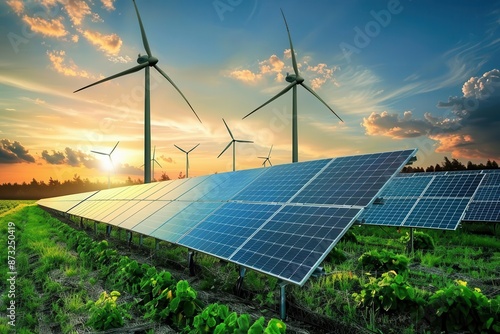 futuristic green energy landscape sleek solar panels majestic wind turbines lush ecofriendly environment vibrant sunset sky
