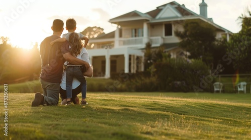 A family sits on the lawn in front of their new home