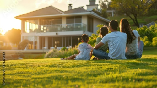 A family sits on the lawn in front of their new home