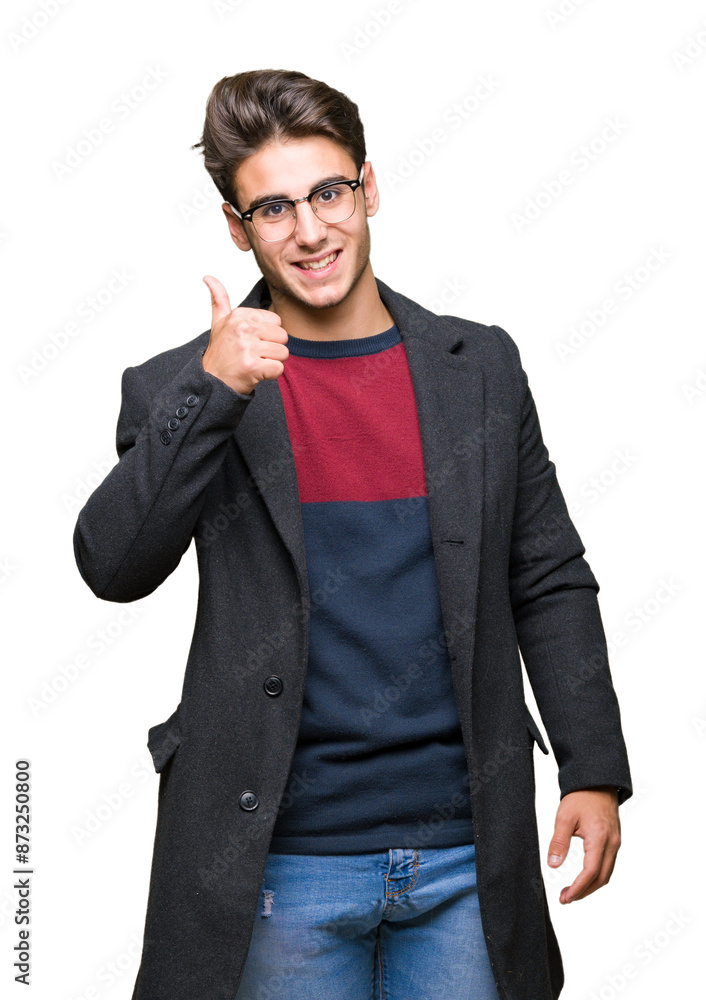 Young handsome elegant man wearing glasses over isolated background doing happy thumbs up gesture with hand. Approving expression looking at the camera with showing success. Young handsome elegant man wearing glasses over isolated background doing happy thumbs up gesture with hand. Approving expression looking at the camera with showing success.