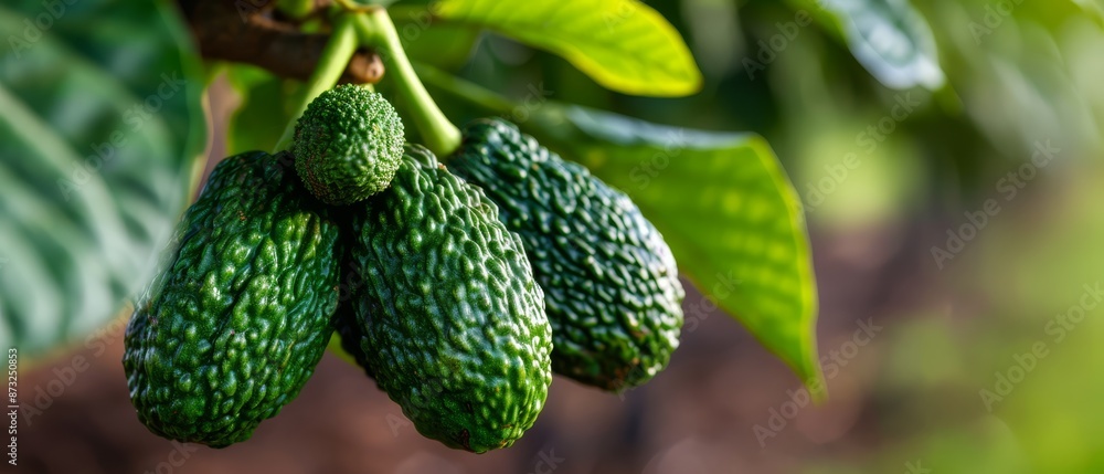 Unripest green fruits dangle from the tree, surrounded by lush green leaves, under the sunny sky Unripest green fruits dangle from the tree, surrounded by lush green leaves, under the sunny sky