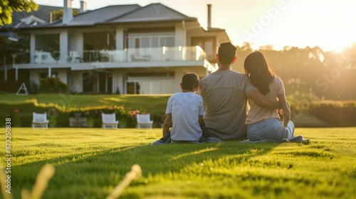 A family sits on the lawn in front of their new home