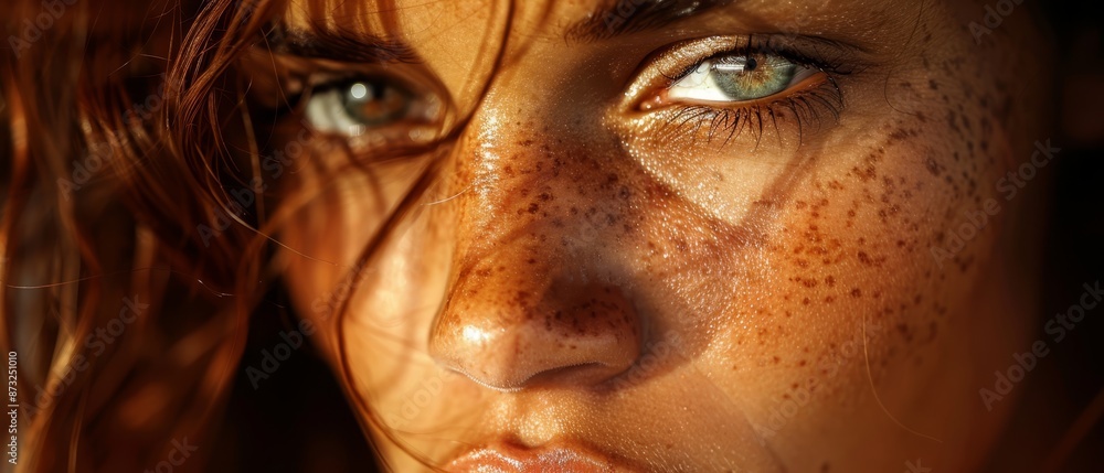 A close-up of a woman's face with freckled skin and red hair A close-up of a woman's face with freckled skin and red hair